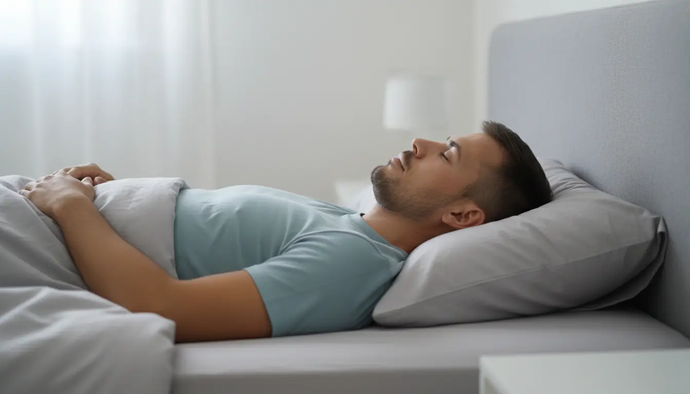 Incorrect sleep posture showing excessive pillow height tilting head upward with cervical spine compression