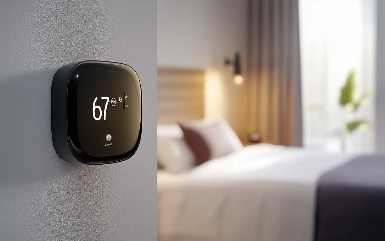 Digital smart thermostat showing 67 degrees Fahrenheit in minimalist bedroom setting