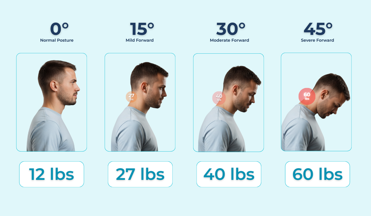 Forward head posture progression showing how neck strain increases