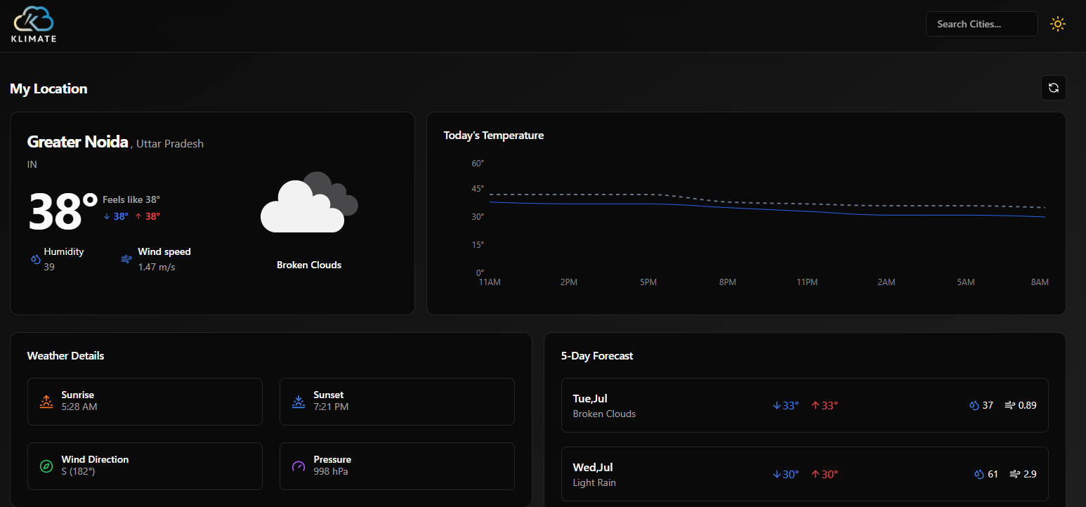 Klimate weather dashboard showing current temperature and a 5-day forecast