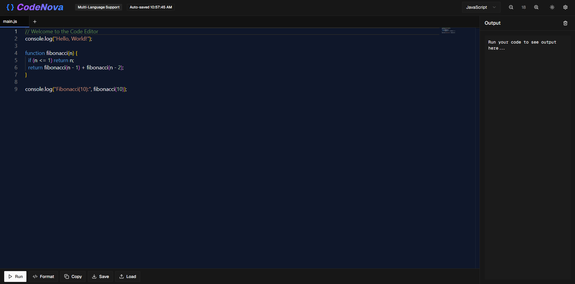 CodeNova AI code editor interface with a JavaScript file and output panel