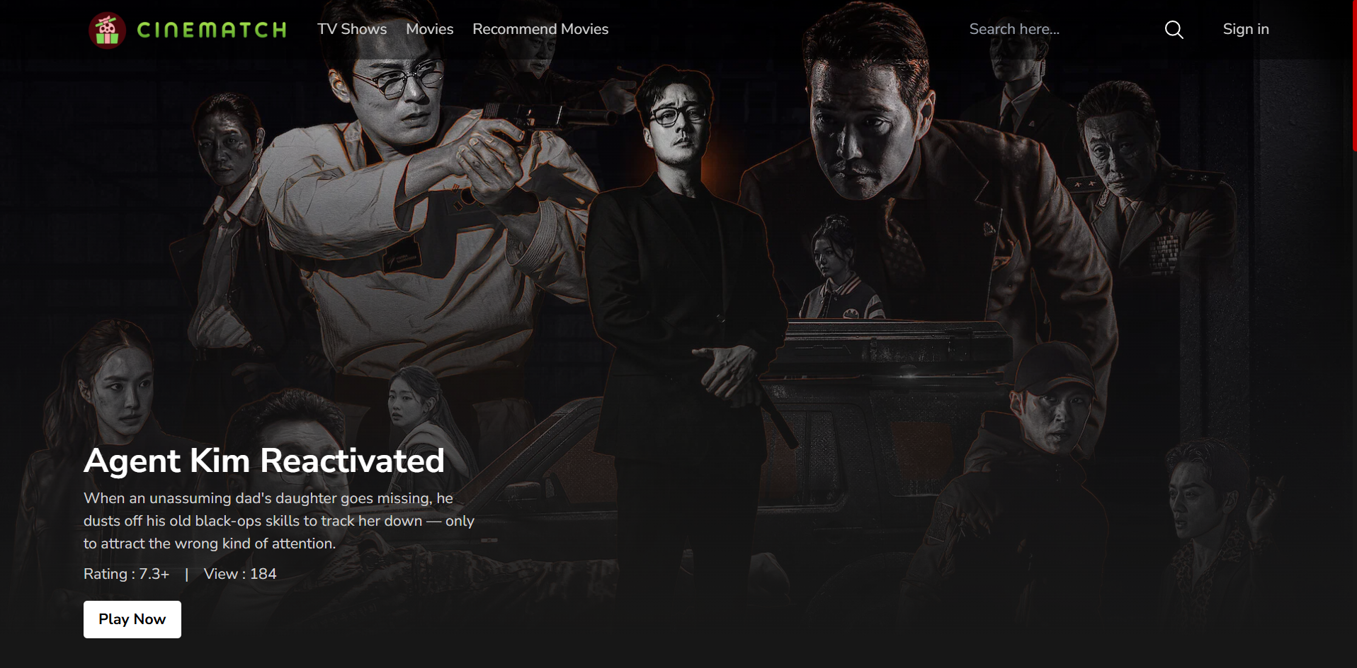 CineMatch movie streaming homepage showing a featured title and trending row