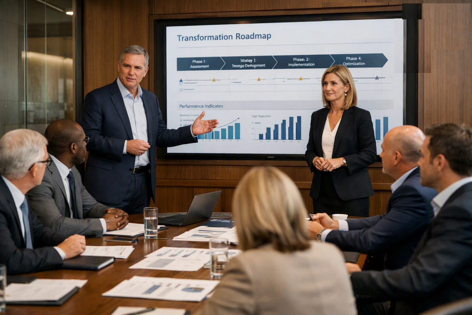 Executivo apresentando estratégia para equipe