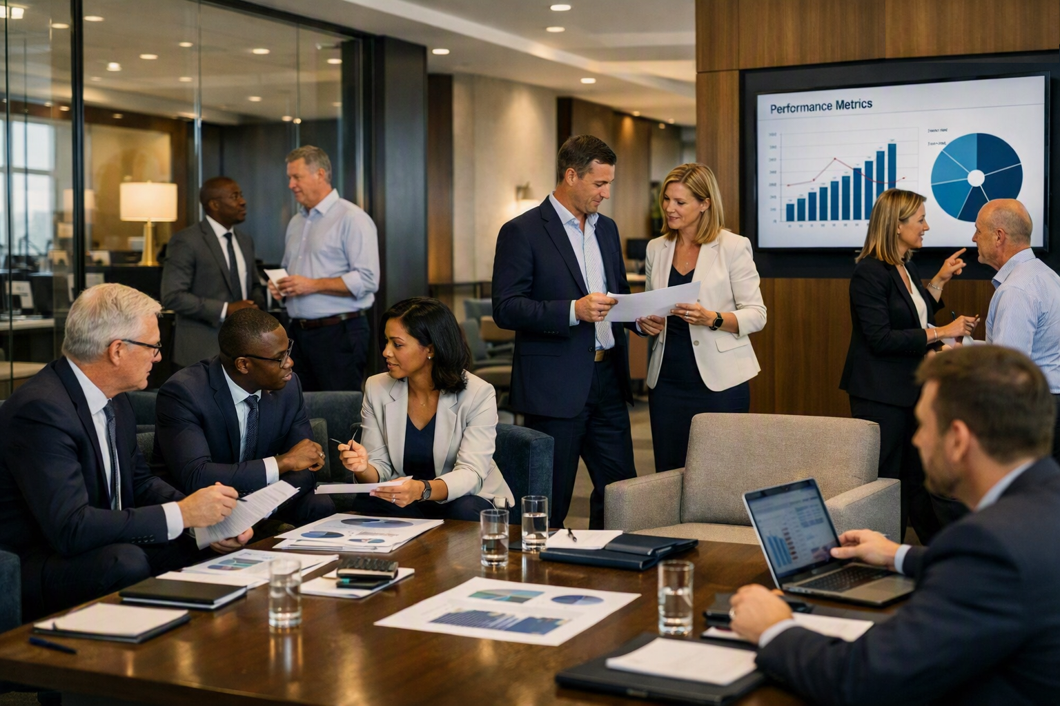 Executivos em reunião estratégica apresentando roadmap de evolução comercial