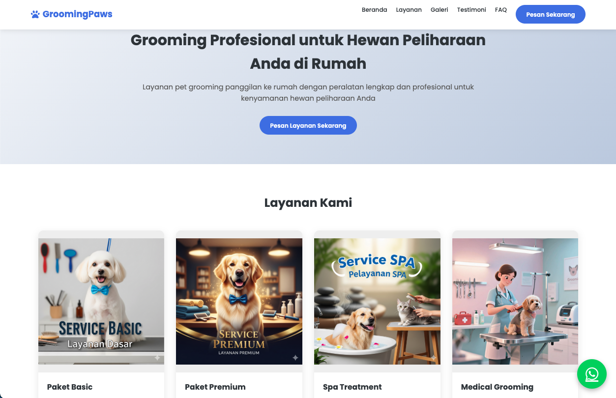 Screenshot landing page Paws Grooming, layanan grooming hewan peliharaan rumahan
