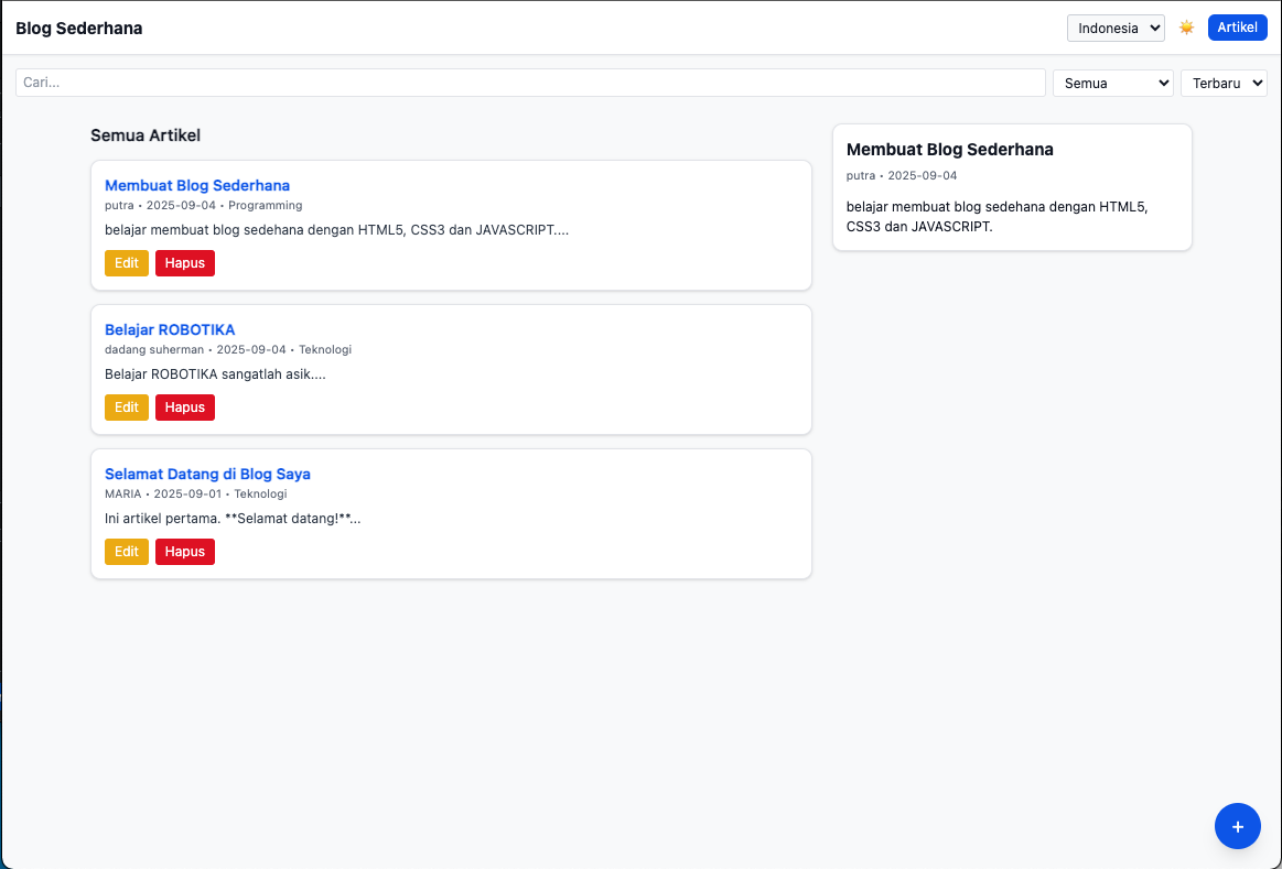 Screenshot aplikasi blog sederhana