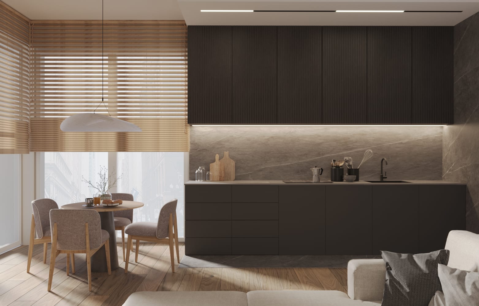 kuchnia salon krzesła okno stół