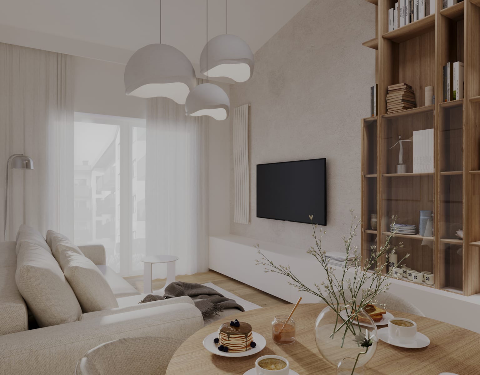 stół kanapa balkon lampy telewizor