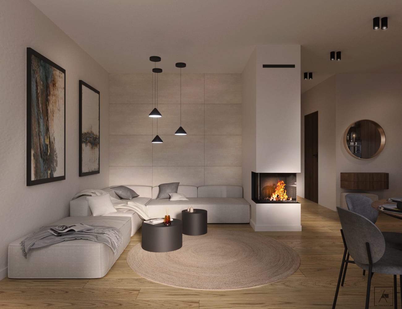 salon kominek lampki obrazy