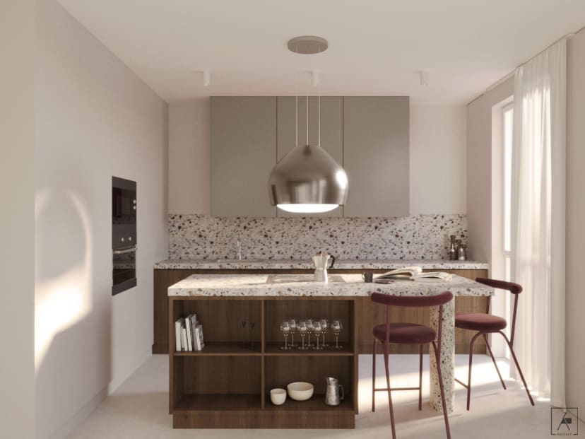 blat wysokie krzesła wyspa lampa