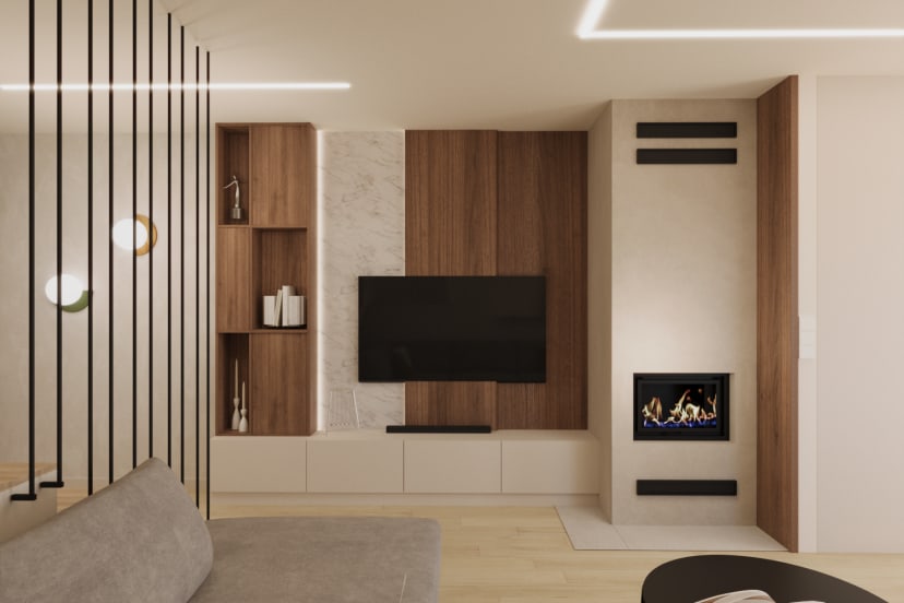 salon telewizor kominek