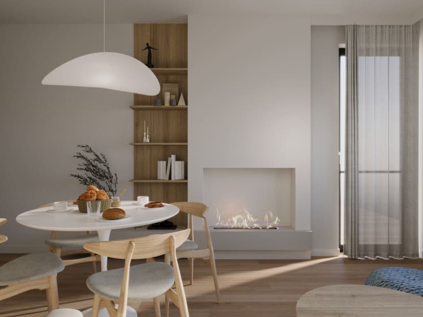 lampa salon kominek krzesła stolik