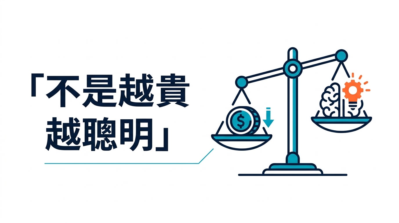 Nano Banana 生成的封面,左側為繁體中文標題「不是越貴越聰明」,右側為天秤插畫