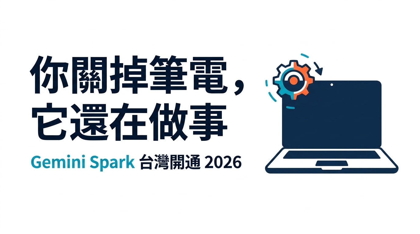 Nano Banana 生成的封面,主標「你關掉筆電,它還在做事」,副標「Gemini Spark 台灣開通 2026」