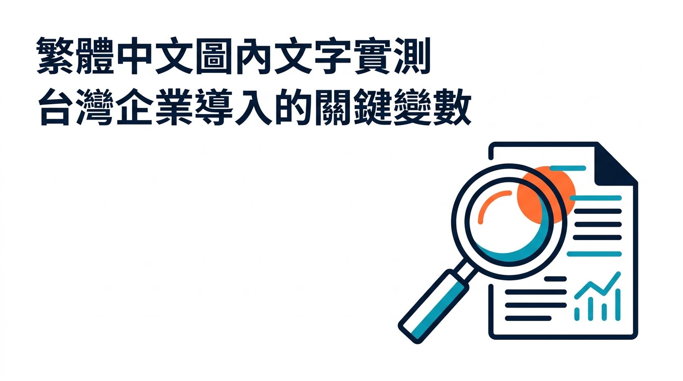 Nano Banana 生成的圖,兩行繁體中文「繁體中文圖內文字實測」與「台灣企業導入的關鍵變數」
