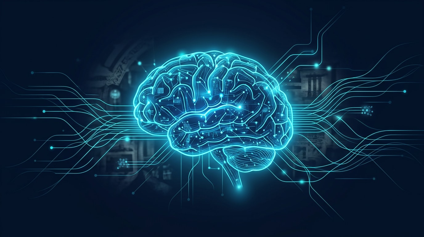 Abstract illustration of AI with silhouette head full of eyes, symbolizing observation and technology.