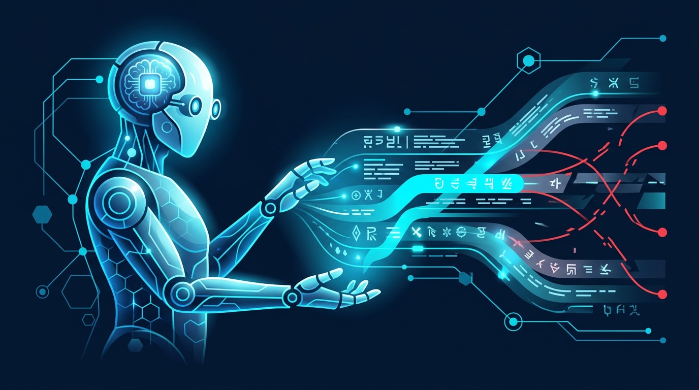 Abstract illustration of AI with silhouette head full of eyes, symbolizing observation and technology.