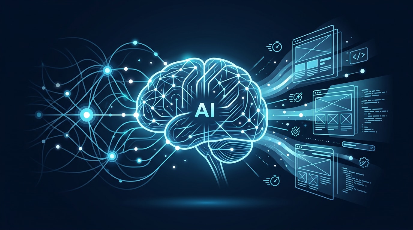 Abstract illustration of AI with silhouette head full of eyes, symbolizing observation and technology.