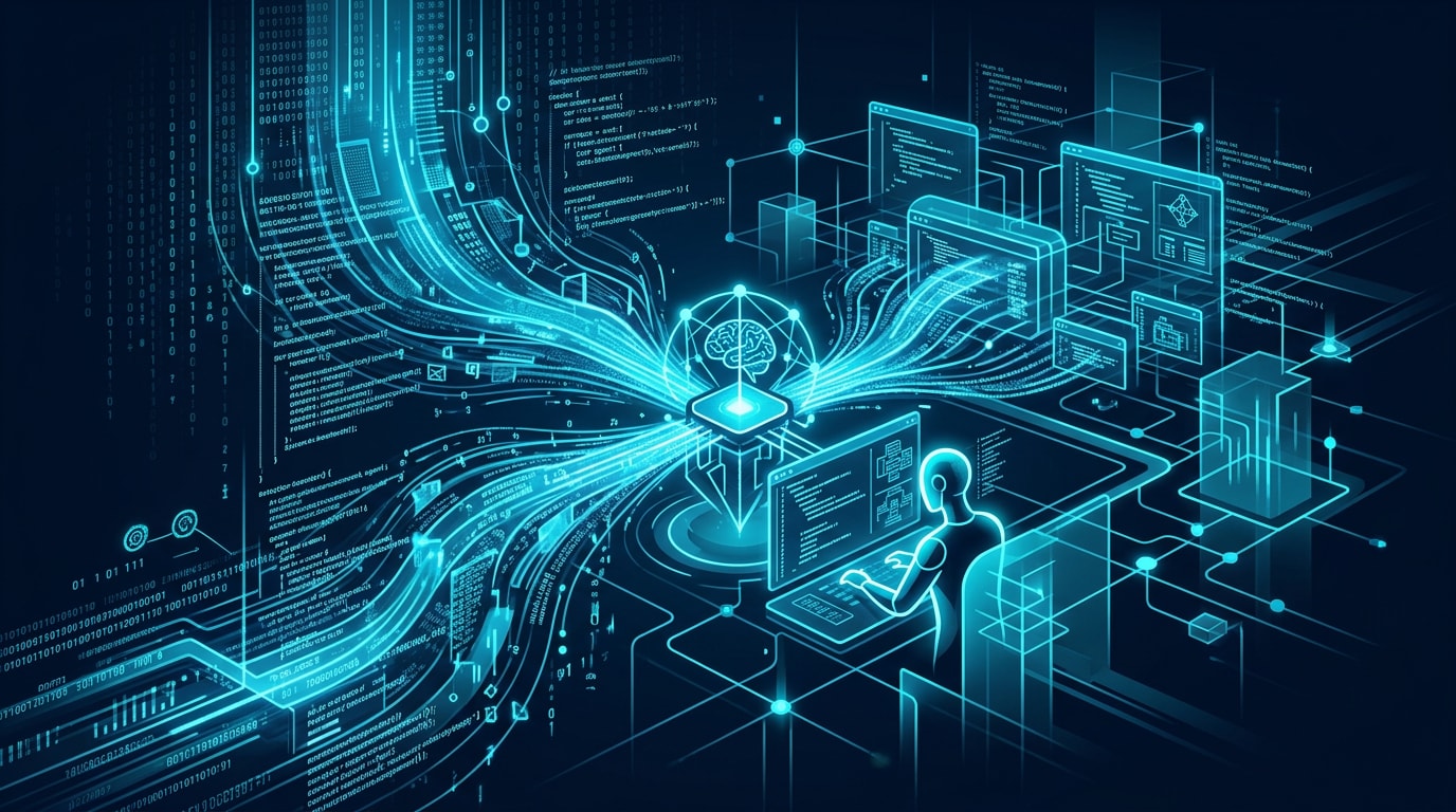 Abstract illustration of AI with silhouette head full of eyes, symbolizing observation and technology.