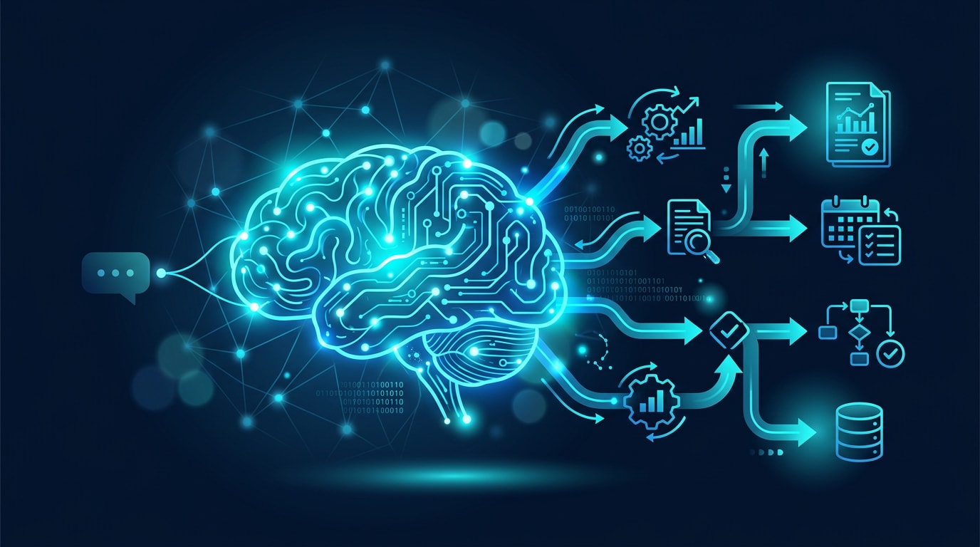 A modern workspace with AI technology and automation tools.