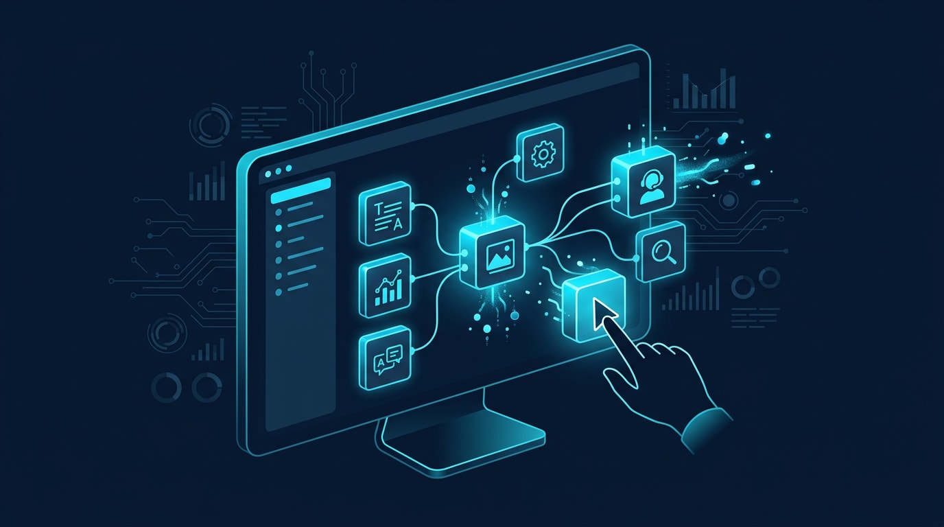 A person building an app with no-code tools on their computer.