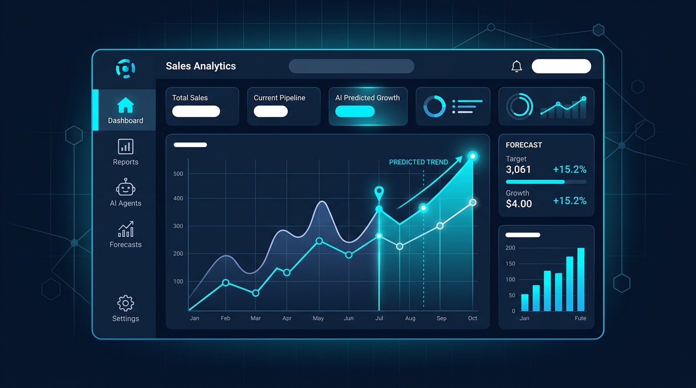 A professional sales team collaborating with technology and data dashboards.