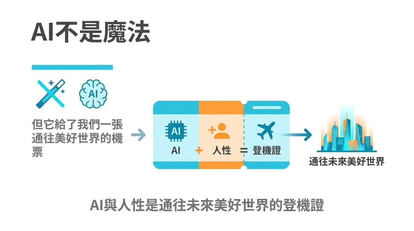 AI不是魔法，但它給了我們一張通往美好世界的機票，圖中描繪AI與人性是通往未來美好世界的登機證。