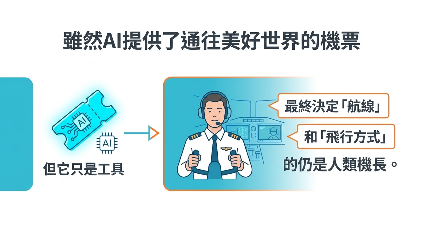 雖然AI提供了通往美好世界的機票，但它只是工具，最終決定「航線」和「飛行方式」的仍是人類機長。