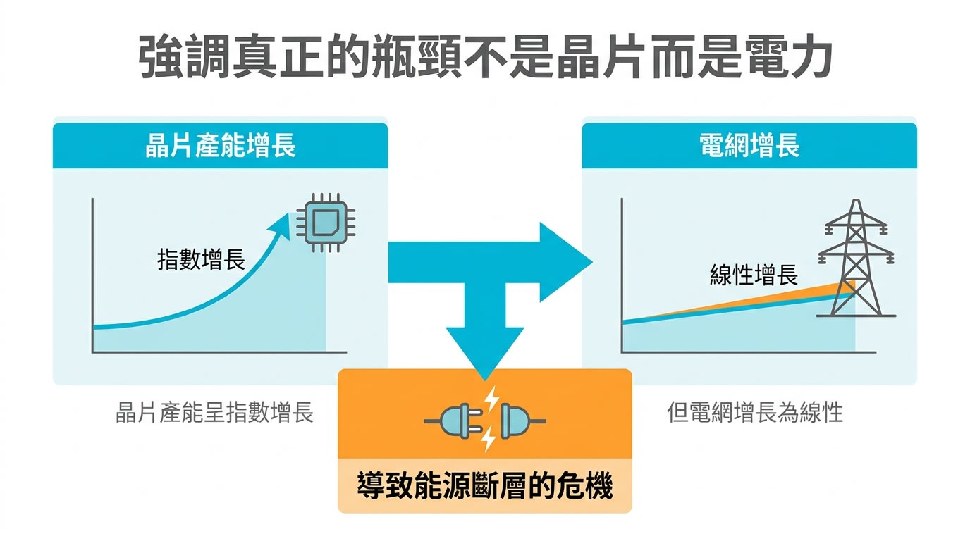 強調真正的瓶頸不是晶片而是電力，圖示晶片產能呈指數增長，但電網增長為線性，導致能源斷層的危機。