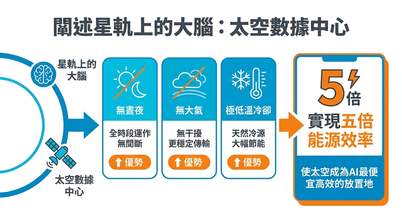 闡述星軌上的大腦：太空數據中心，利用無晝夜、無大氣和極低溫冷卻的優勢，實現五倍能源效率，使太空成為AI最便宜高效的放置地。