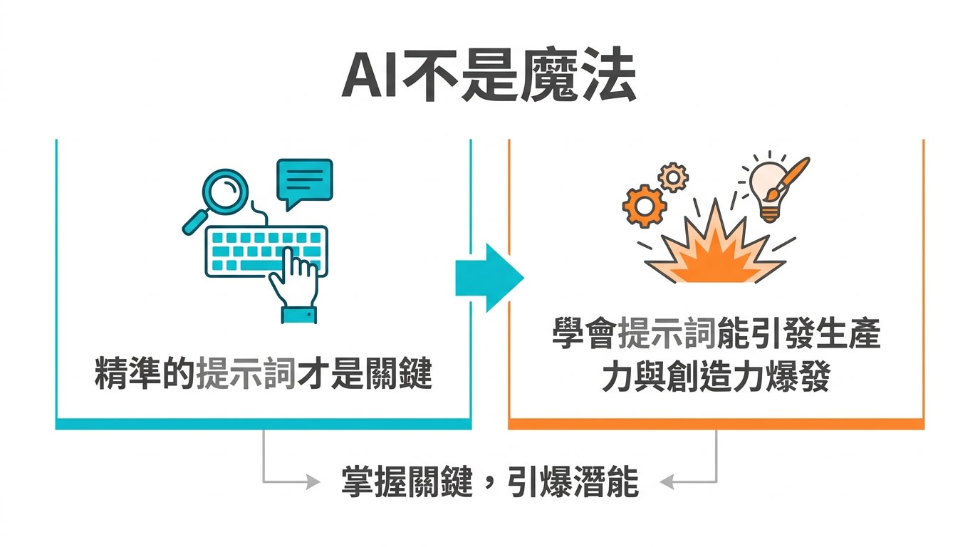 投影片指出AI不是魔法，精準的提示詞才是關鍵，並強調學會提示詞能引發生產力與創造力爆發。
