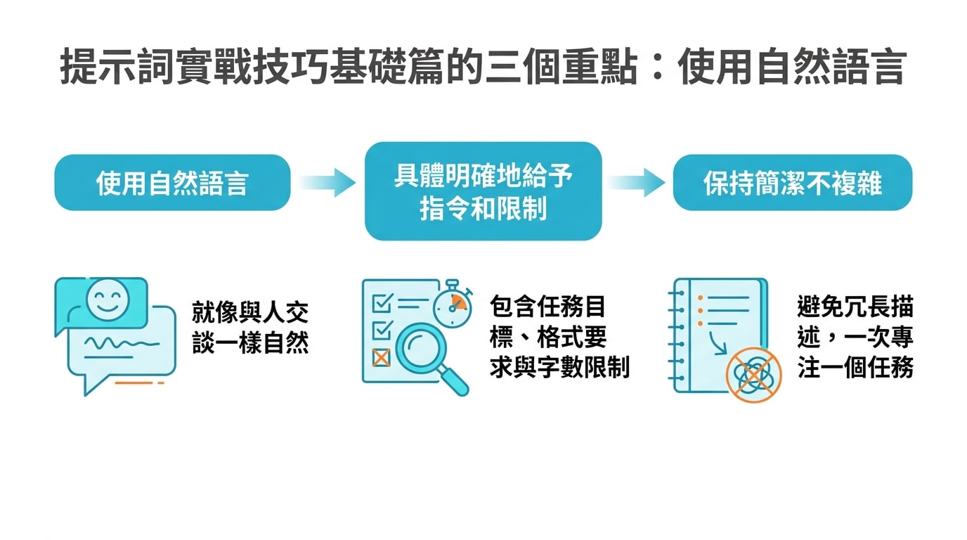 概述提示詞實戰技巧基礎篇的三個重點：使用自然語言、具體明確地給予指令和限制、以及保持簡潔不複雜。