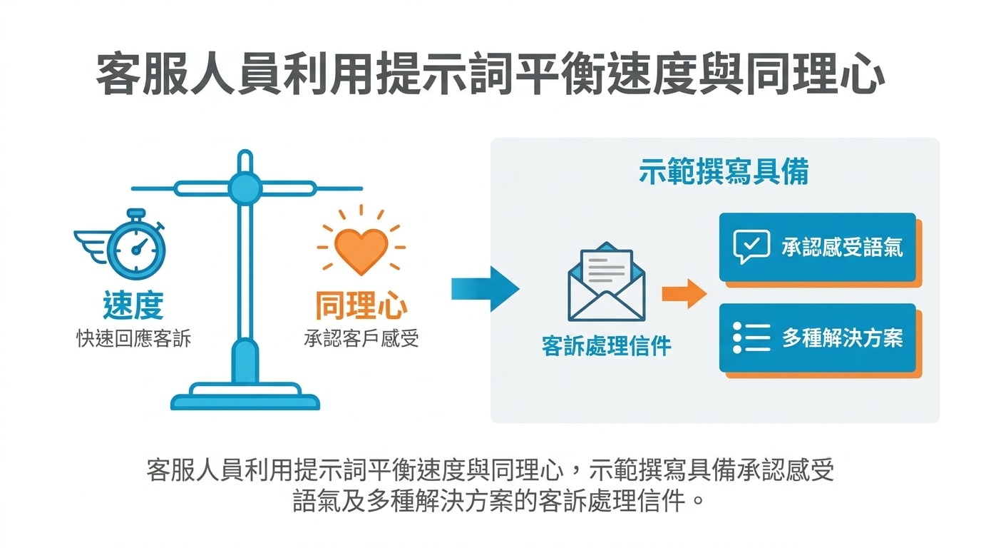 客服人員利用提示詞平衡速度與同理心,示範撰寫具備承認感受語氣及多種解決方案的客訴處理信件。