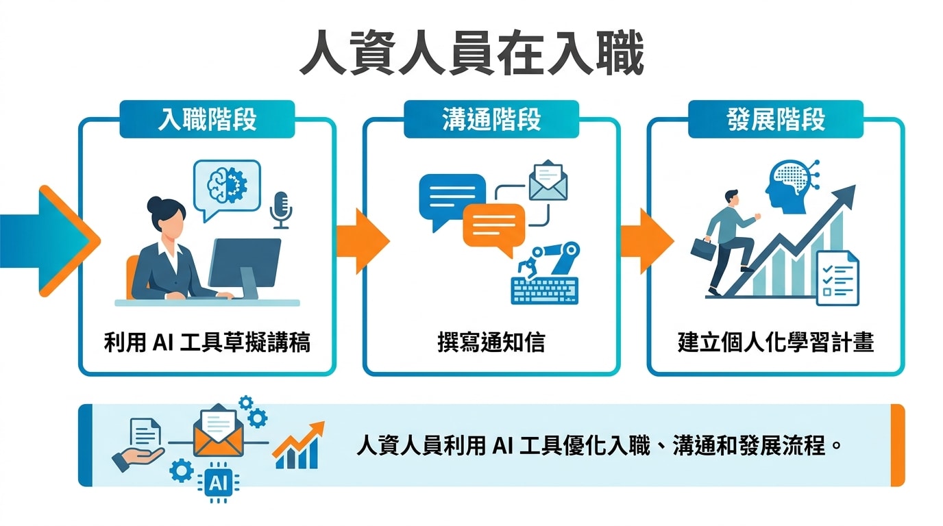 人資人員在入職、溝通和發展三階段,利用 AI 工具草擬講稿、撰寫通知信和建立個人化學習計畫。