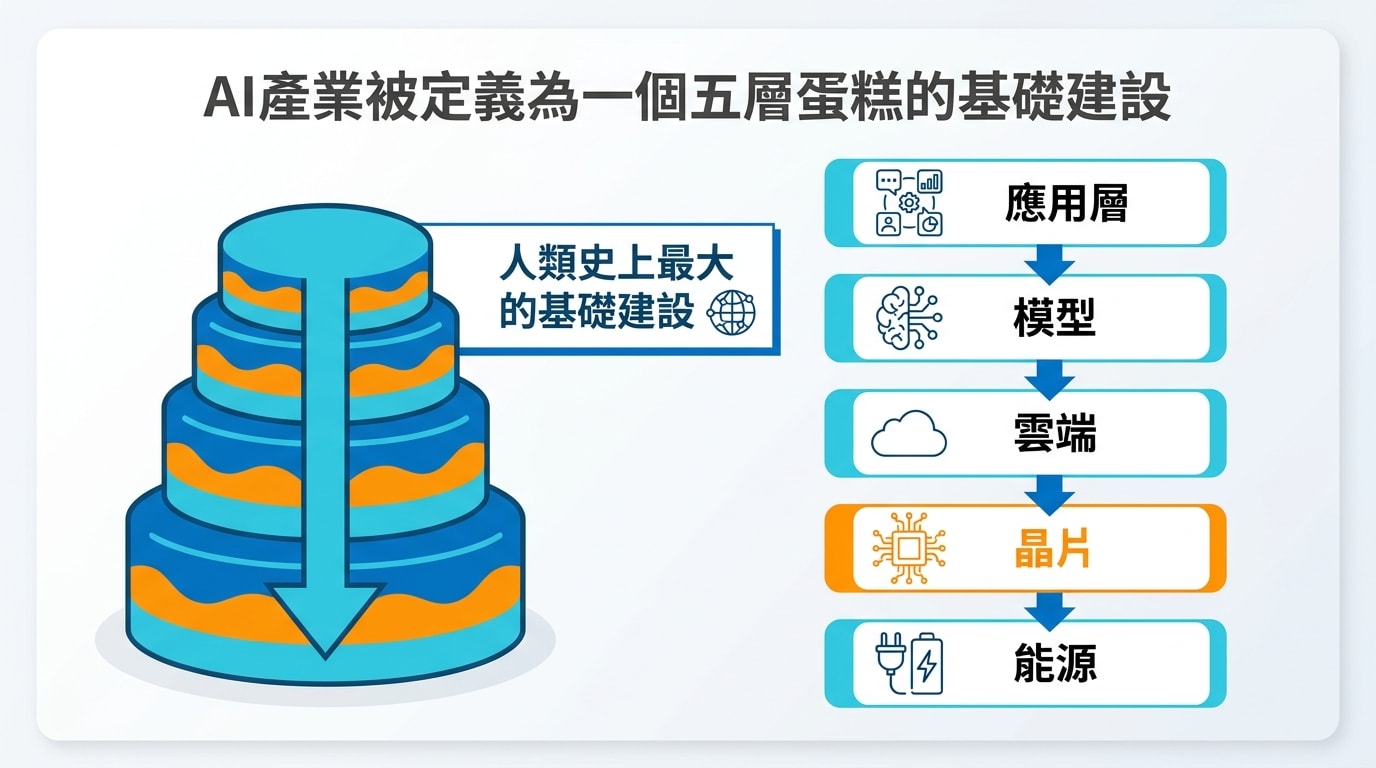 AI產業被定義為一個五層蛋糕的基礎建設，涵蓋能源、晶片、雲端、模型到應用層，被稱為人類史上最大的基礎建設。