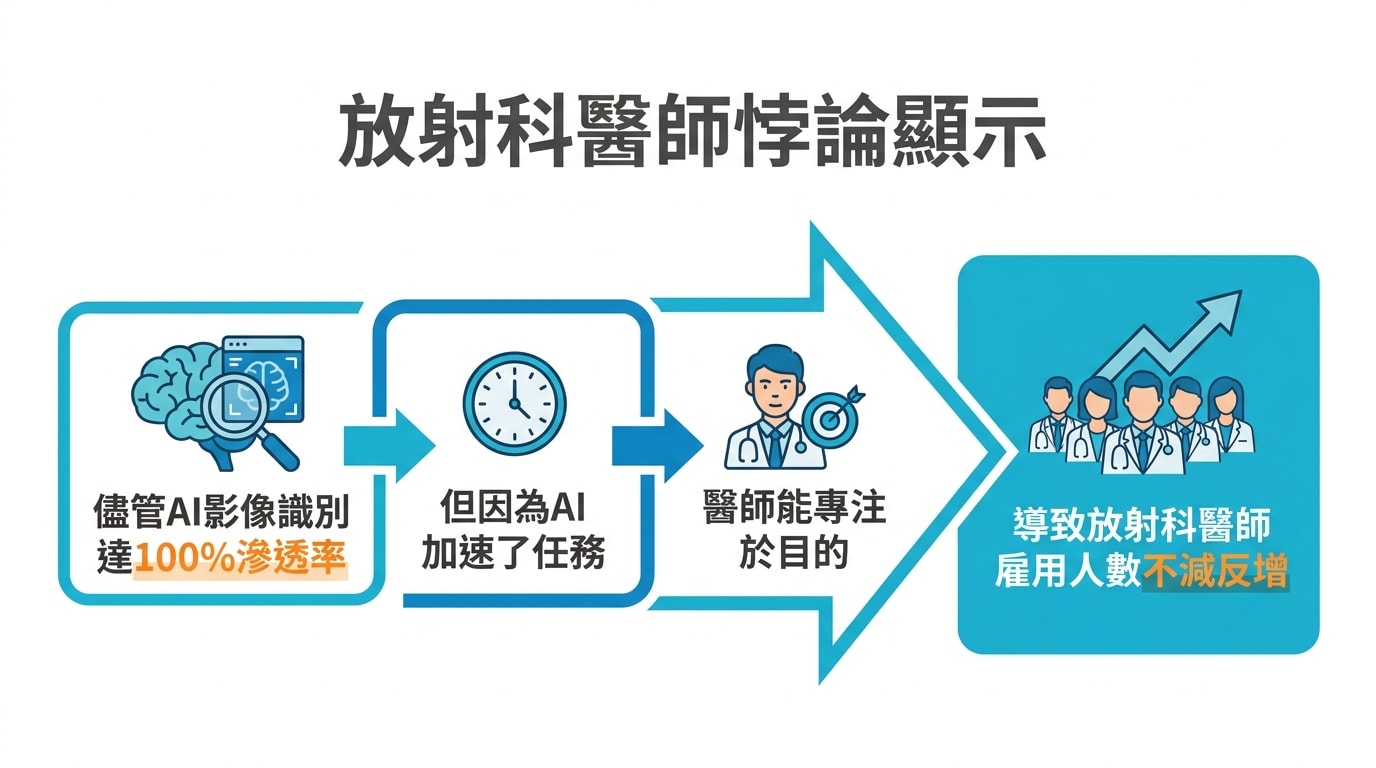 放射科醫師悖論顯示，儘管AI影像識別達100%滲透率，但因為AI加速了任務，醫師能專注於目的，導致放射科醫師雇用人數不減反增。