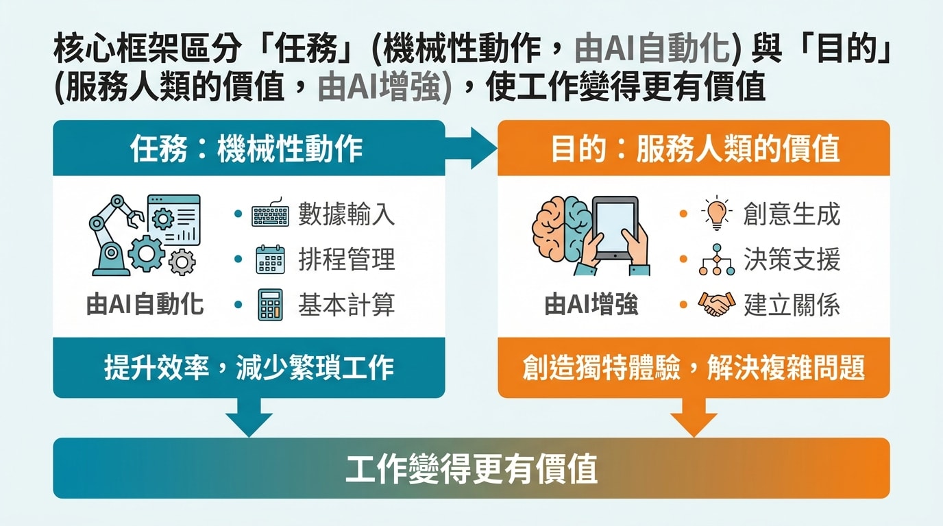 核心框架區分「任務」(機械性動作，由AI自動化) 與「目的」(服務人類的價值，由AI增強)，使工作變得更有價值。