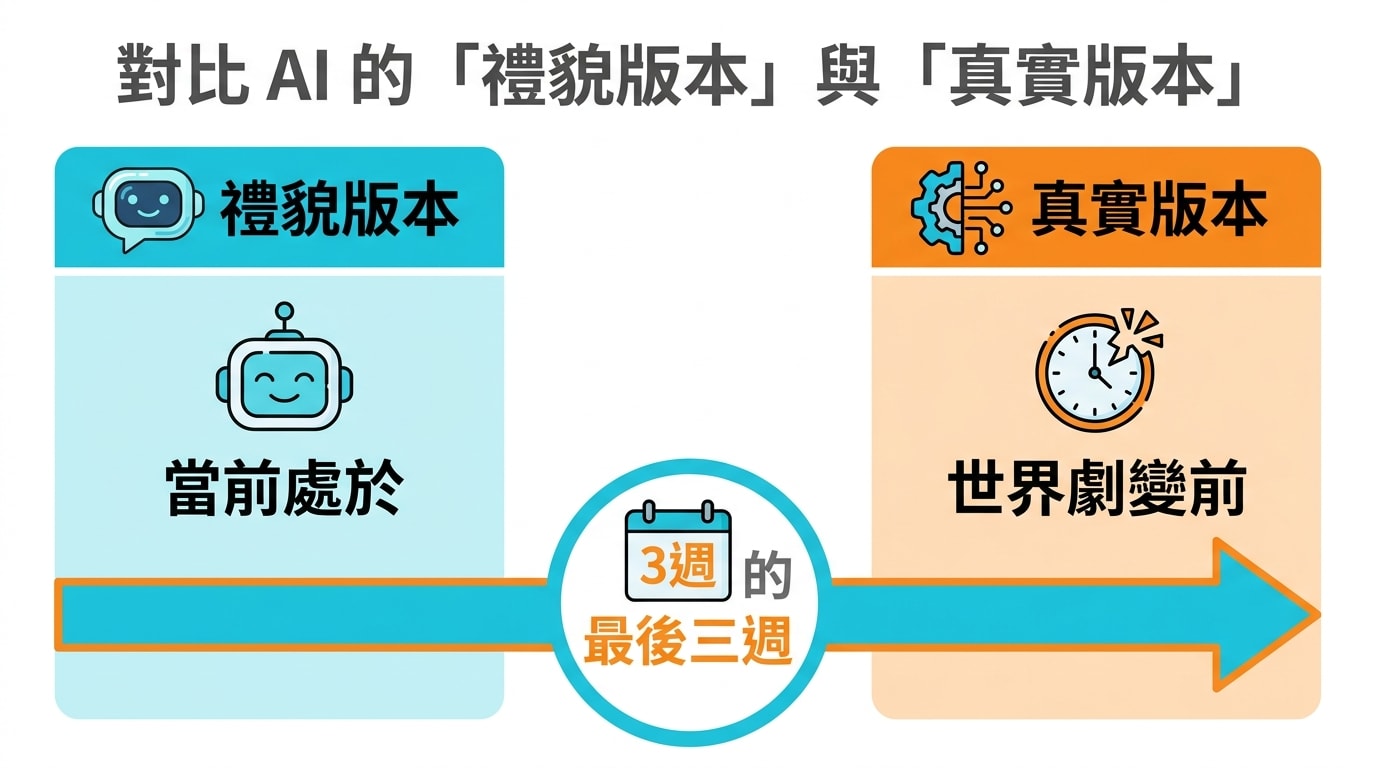 對比 AI 的「禮貌版本」與「真實版本」，指出當前處於世界劇變前的最後三週。