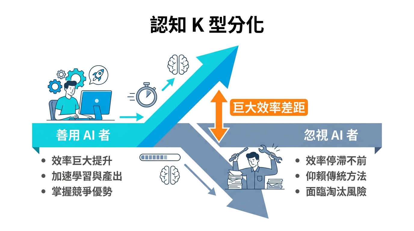 說明認知 K 型分化，強調善用 AI 者與忽視 AI 者之間的巨大效率差距。
