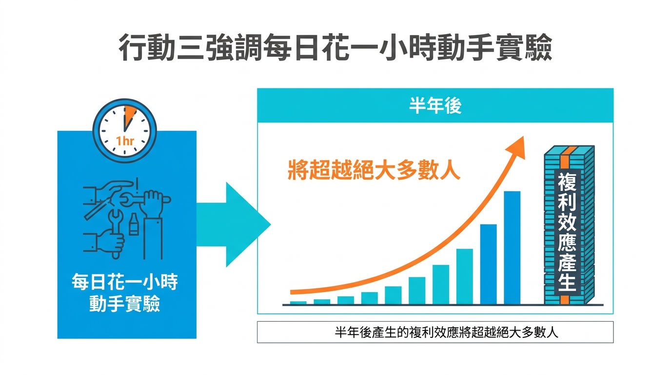 行動三強調每日花一小時動手實驗，半年後產生的複利效應將超越絕大多數人。