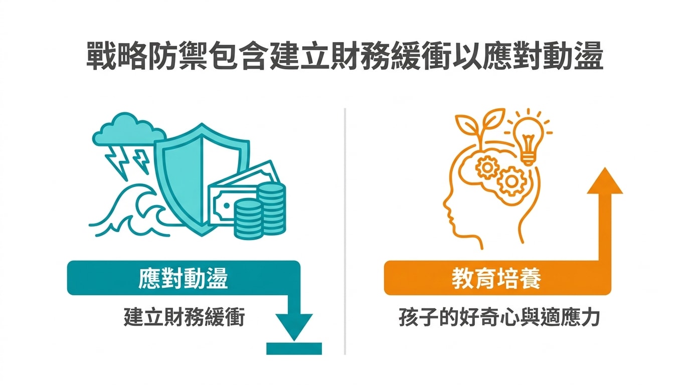 戰略防禦包含建立財務緩衝以應對動盪，並在教育上培養孩子的好奇心與適應力。