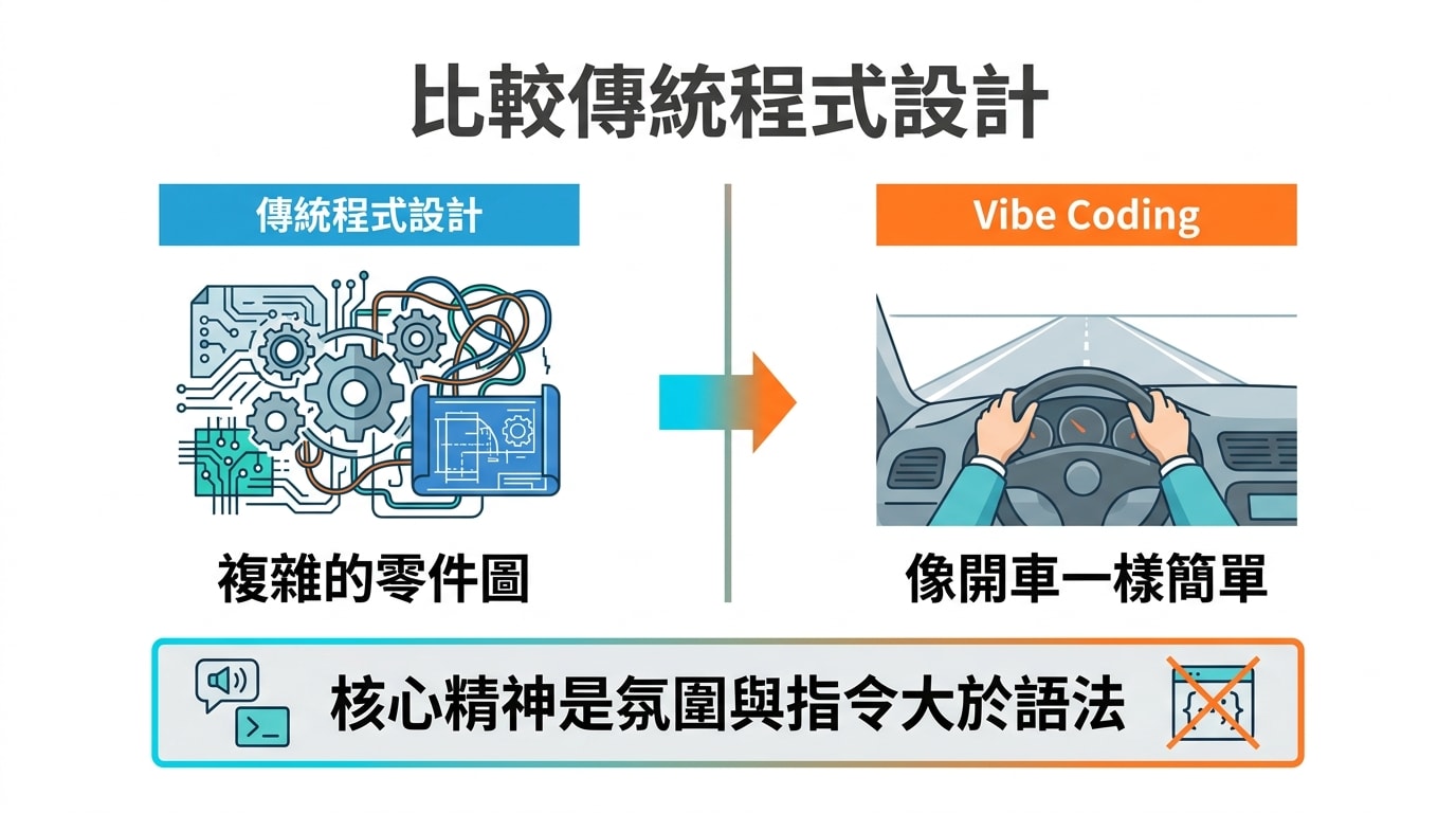 比較傳統程式設計（複雜的零件圖）與Vibe Coding（像開車一樣簡單），核心精神是氛圍與指令大於語法。