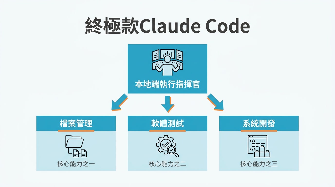 介紹終極款Claude Code，作為本地端執行指揮官，它具有檔案管理、軟體測試及系統開發等核心能力。