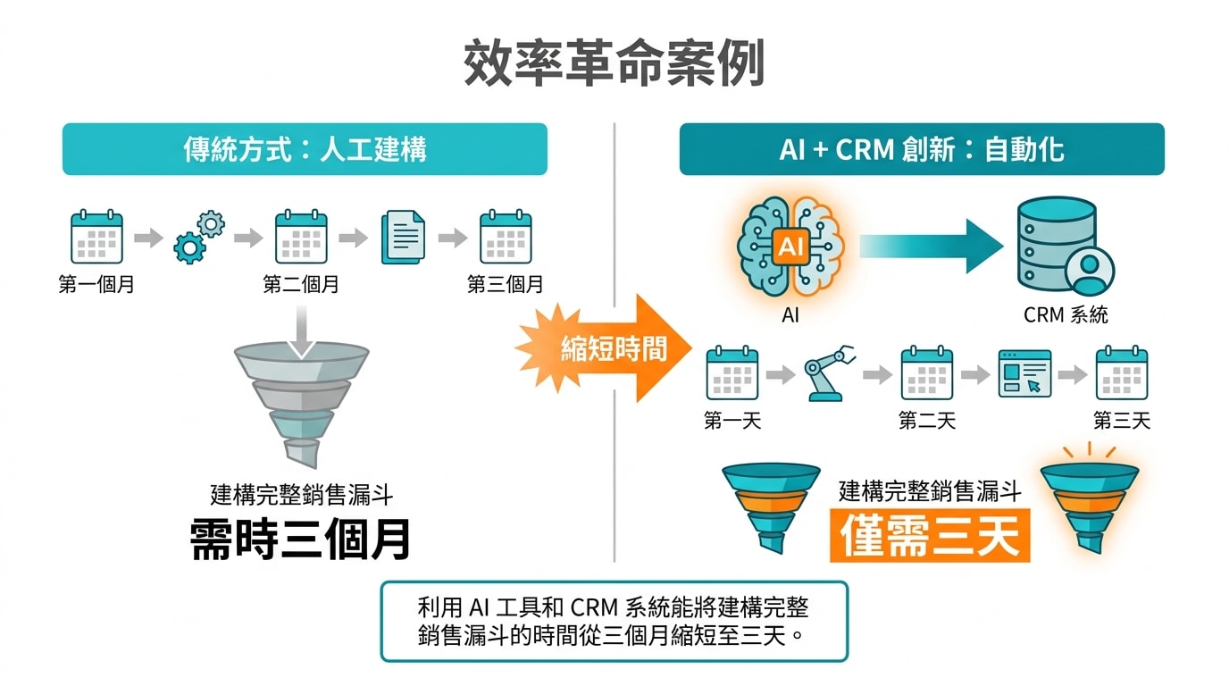 展示效率革命案例，說明利用 AI 工具和 CRM 系統能將建構完整銷售漏斗的時間從三個月縮短至三天。