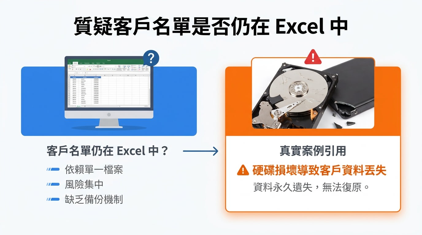投影片質疑客戶名單是否仍在 Excel 中，並引用硬碟損壞導致客戶資料丟失的真實案例。