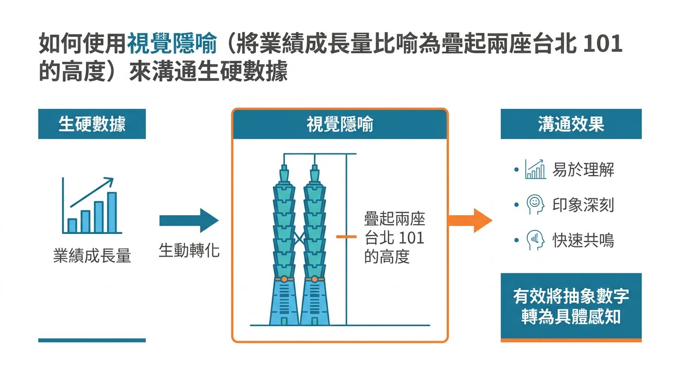 該投影片展示如何使用視覺隱喻（將業績成長量比喻為疊起兩座台北 101 的高度）來溝通生硬數據。