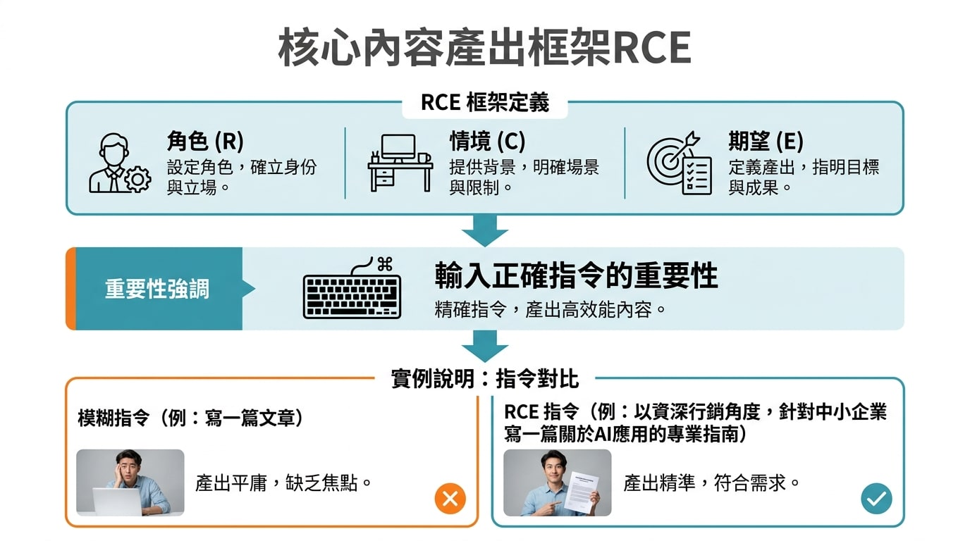 介紹核心內容產出框架RCE（角色、情境、期望），並透過實例說明輸入正確指令的重要性。