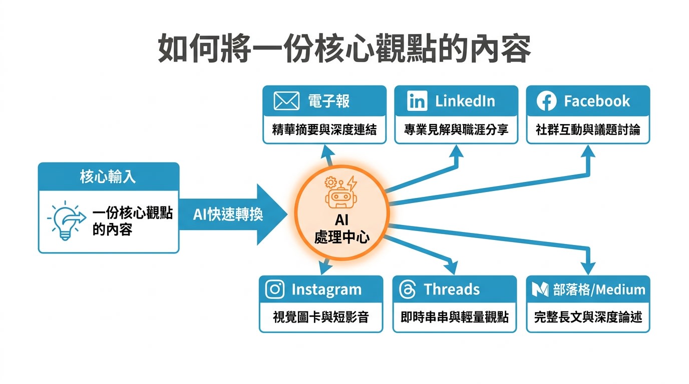 說明如何將一份核心觀點的內容，透過AI快速轉換成六種不同平台格式（如電子報、LinkedIn、Facebook等）的多平台策略。