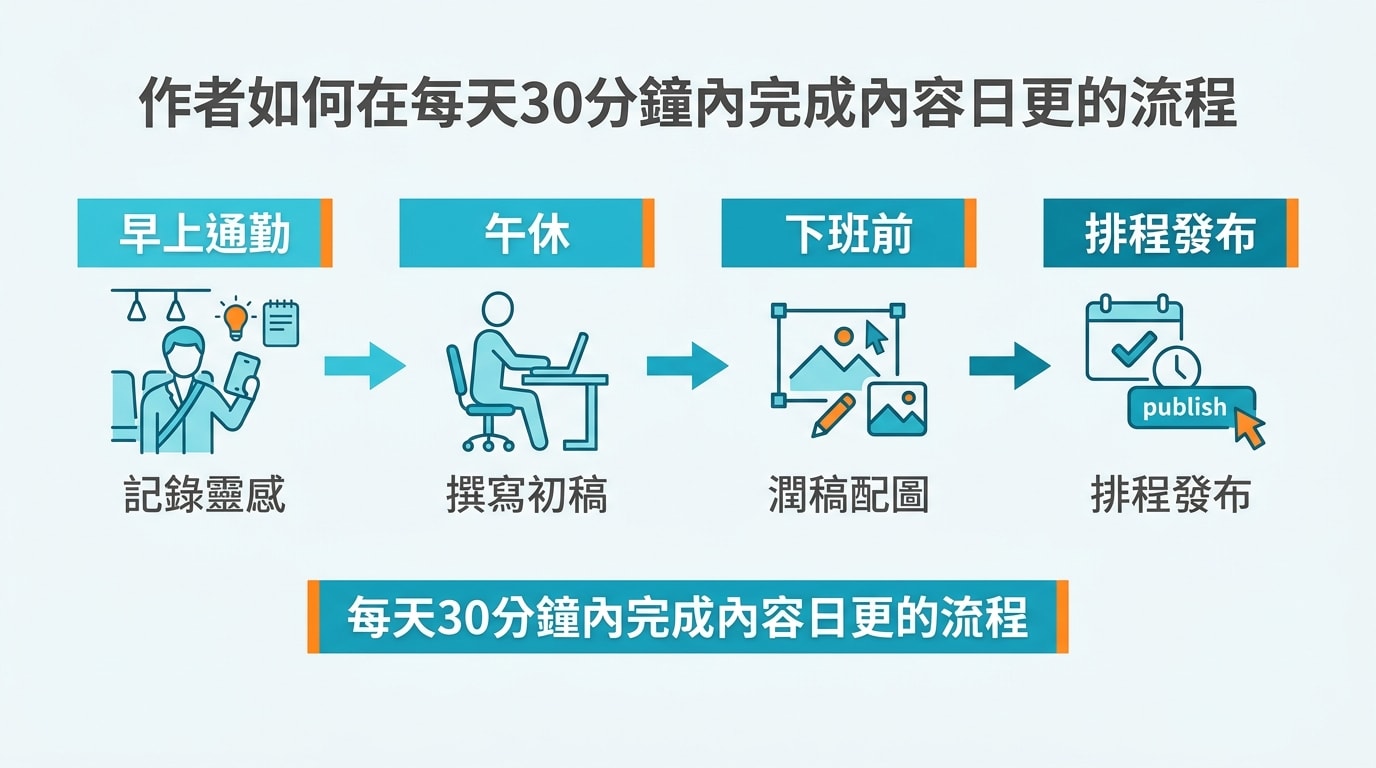 概述作者如何在每天30分鐘內完成內容日更的流程，包括早上通勤記錄靈感、午休撰寫初稿、下班前潤稿配圖和排程發布。