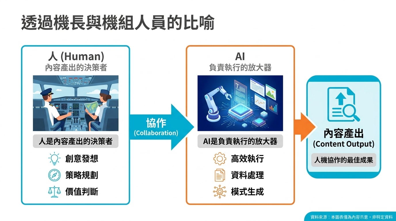 透過機長與機組人員的比喻，闡述人是內容產出的決策者，AI是負責執行的放大器。